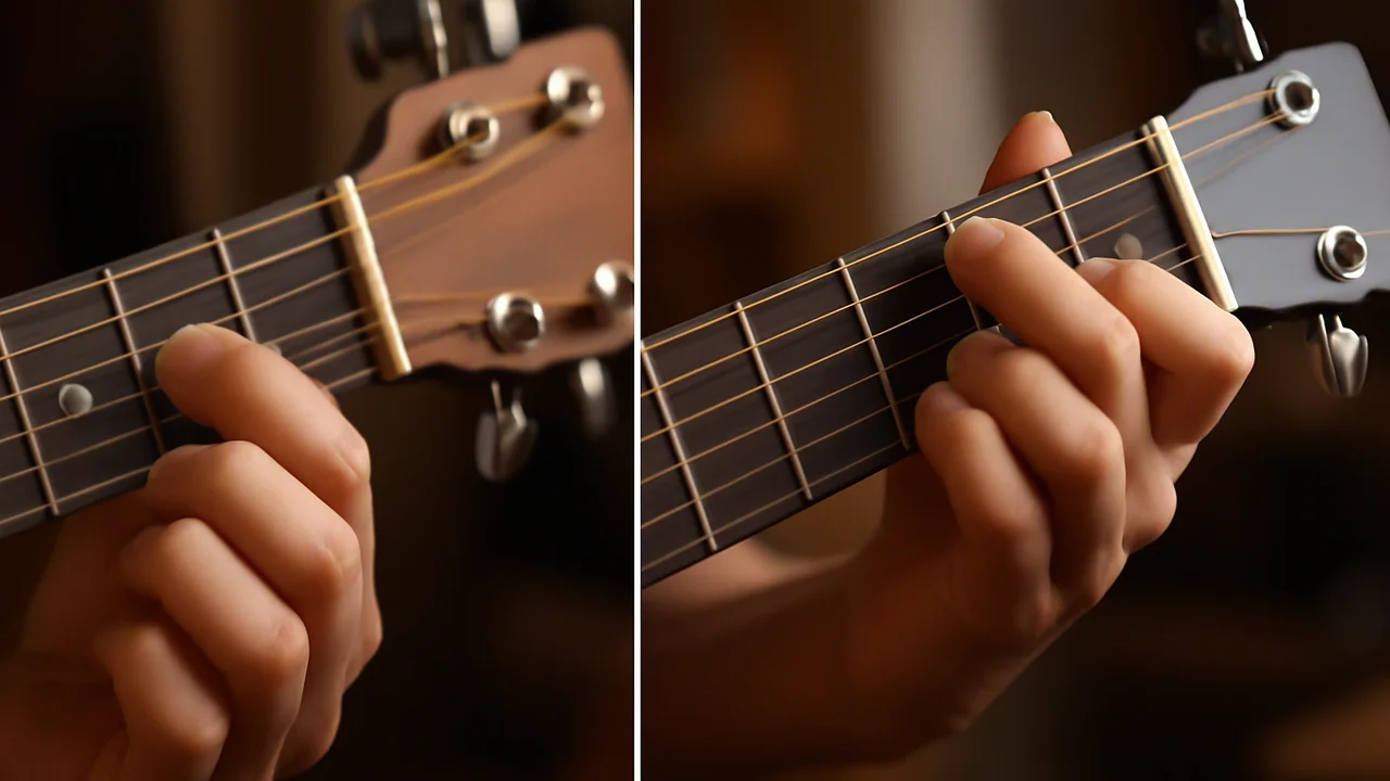 A close-up of an adult guitarist's left hand on the neck of an acoustic guitar, showing two panels side-by-side: on the left, the hand forms an open E major chord at the first fret with the nut clearl