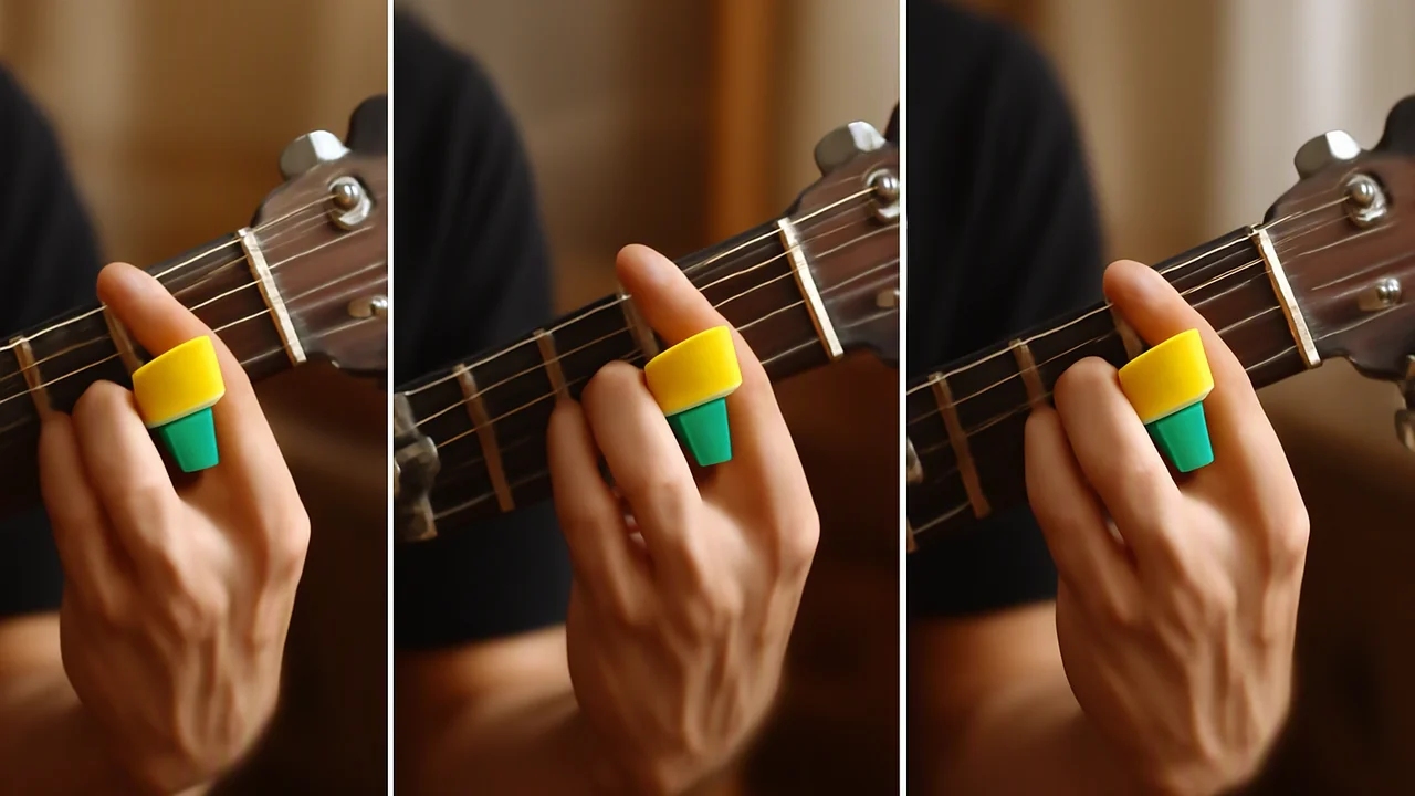 A sequence of three inset images showing an adult guitarist's left hand forming an E-shape barre chord at three different positions: near the first, second, and third frets