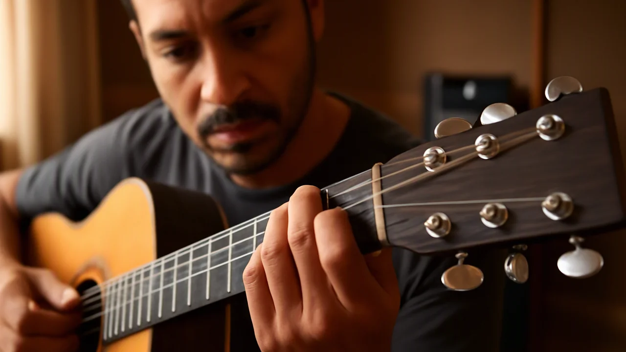 An adult guitarist performing a "buzz test" on an E-shape barre chord