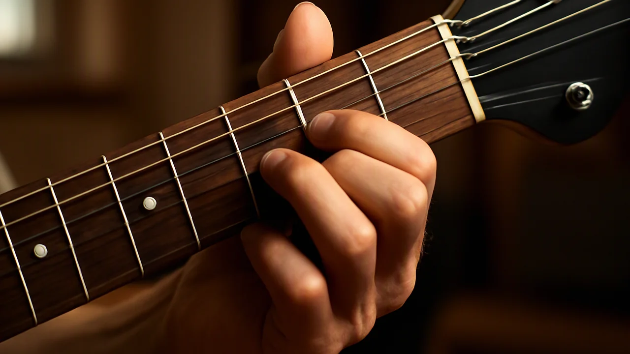 A close-up view of an adult guitarist's left hand forming an E-shape barre chord at the first fret on a classic electric guitar with dot inlays