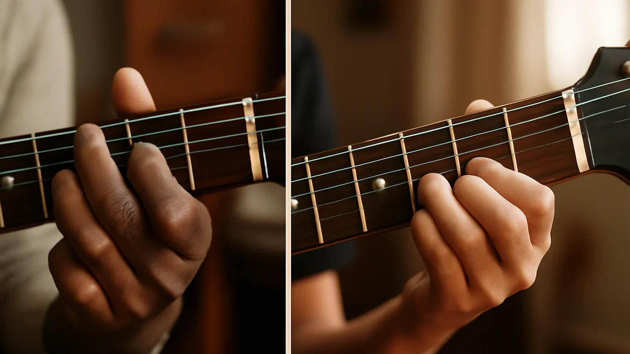 A split panel illustrating, on the left, an incorrect barre chord hand position: the thumb wrapped over the top of the neck and the index finger pad pressed against the strings, resulting in uneven fi