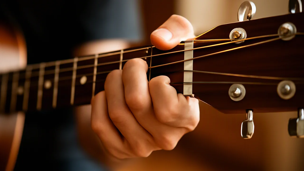 A close-up of an adult guitarist's left hand on a guitar fretboard, showing the hand forming an E-shape barre chord at the first fret, with the index finger flat across all strings and the other finge