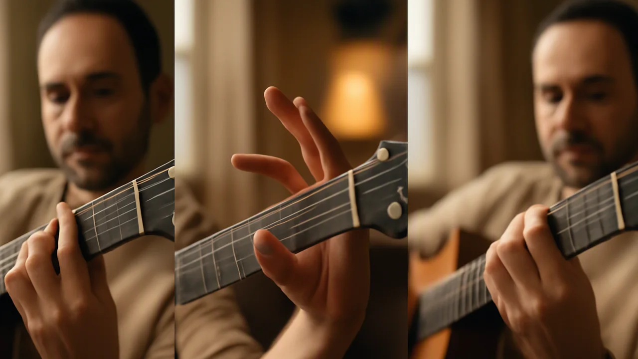 A sequence of three side-by-side frames showing an adult guitarist smoothly transitioning their left hand from an E-shape barre chord at the first fret to the same shape at the third fret