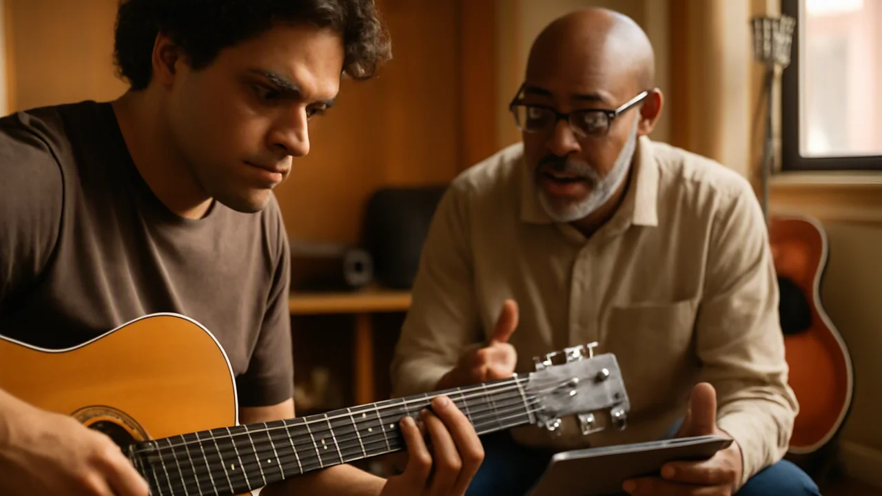 Two adult guitar learners sitting face to face in a casual practice space
