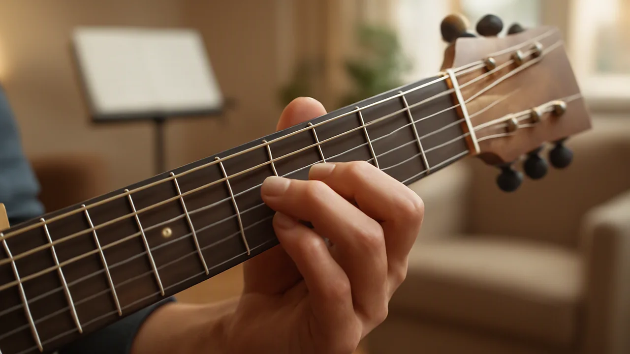 A close-up of an adult guitarist's left hand pressing down a full barre chord on the guitar fretboard, with the right hand gently plucking each string one at a time to check for buzzing