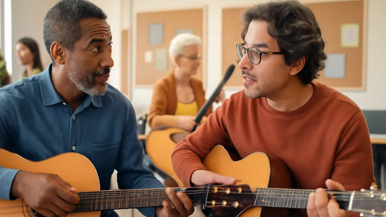 Two adult learners sit side by side, each with a guitar, listening back to a recorded performance on a laptop screen displaying abstract audio waveforms with no readable text
