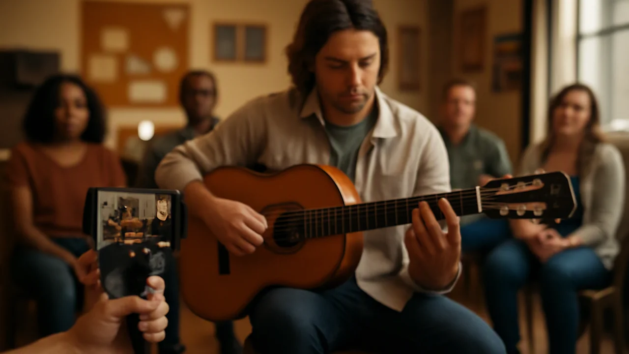 A scene showing an adult learner performing a barre chord progression on guitar in front of a small, diverse audience of classmates seated and watching attentively