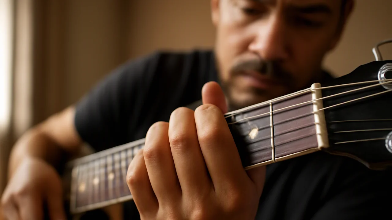A close-up of an adult guitarist’s left hand forming a basic barre chord on the guitar neck, index finger flat across all six strings at the fifth fret, thumb pressing behind the neck