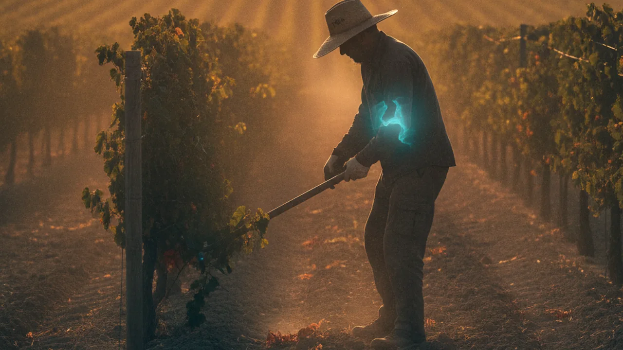 A silhouetted person works in a very hot, sunny field, with a stable, cool glow depicted inside their body.