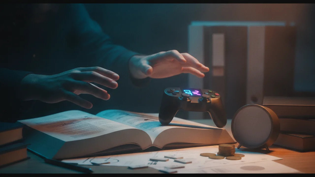 A student's hands making a choice between a textbook and a video game controller on a desk.
