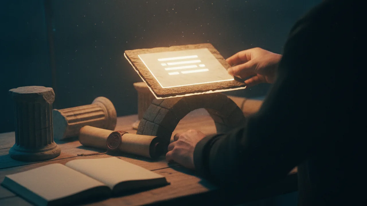 Hands arranging Greek, Roman, English, Enlightenment symbols that support a blank tablet.