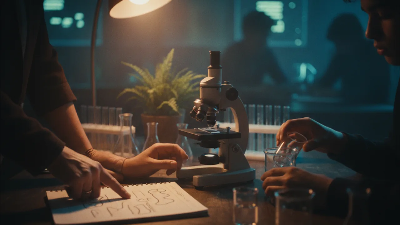 Hands of students and a teacher conducting a biology lab, with a microscope and beakers on a lab bench.
