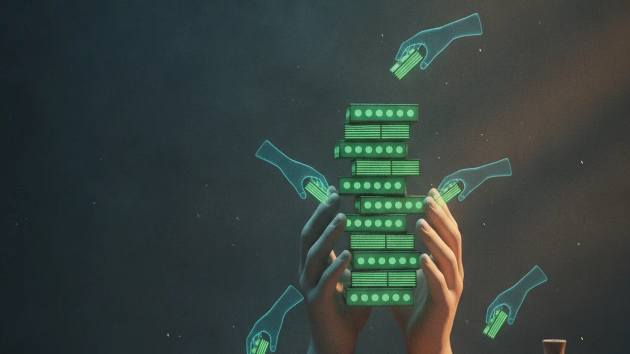Hands hold a large stack of abstract money, while smaller portions are diverted into separate containers, leaving a smaller stack.